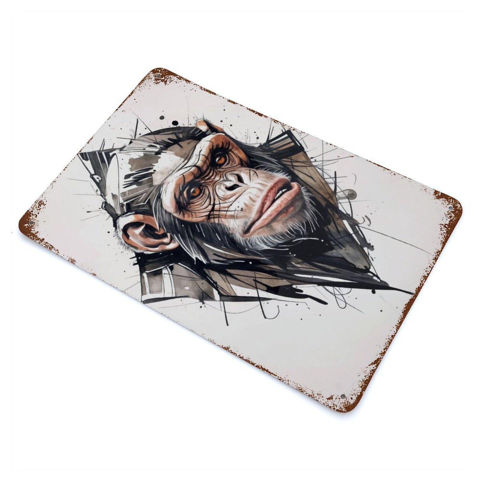 Distressed Metal Wall Sign with Chimpanzee Portrait Design 11.8"x7.9", for Living Room, Hallway And Home Decor, Vintage Wall Decor