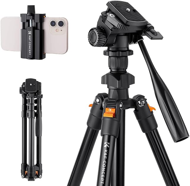 K&F Concept 64 inch/162cm Video Tripod,Lightweight Travel Tripod with 3-Way Swivel Pan Tilt Head Load 3kg/6.6 lbs,Cellphone Holder Smartphone Clip Quick Release Plate, for Phone SLR DSLR Camera K234A0