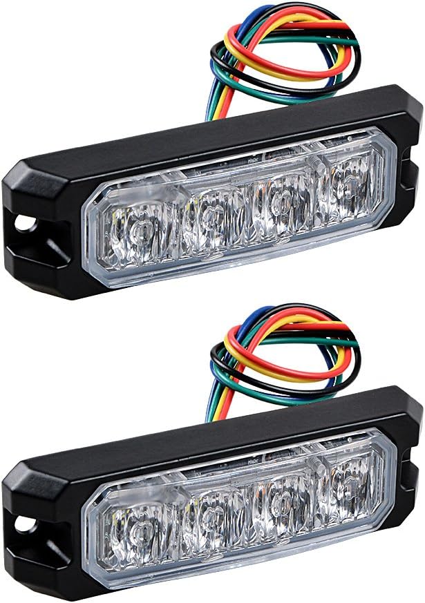 Astra Depot Surface Mount 20W 4-LED Emergency Warning SYNC Strobe Light Head Car Truck 12V-24V (2pcs, White & Amber)