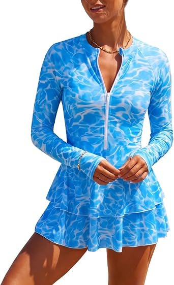 YATEEN Womens Long Sleeve Rash Guard One Piece Boyleg Swimsuit Zipper Swim Dress Skirted Swimsuit Swim Shirt