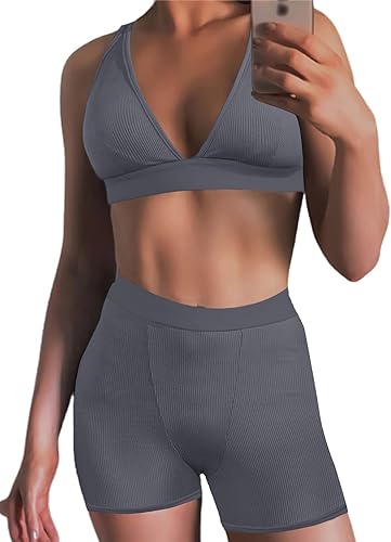 Ekaliy Conjunto de 2 piezas de leggings de yoga ajustados de cintura alta y top corto sin mangas para mujer, conjunto de ropa de gimnasio