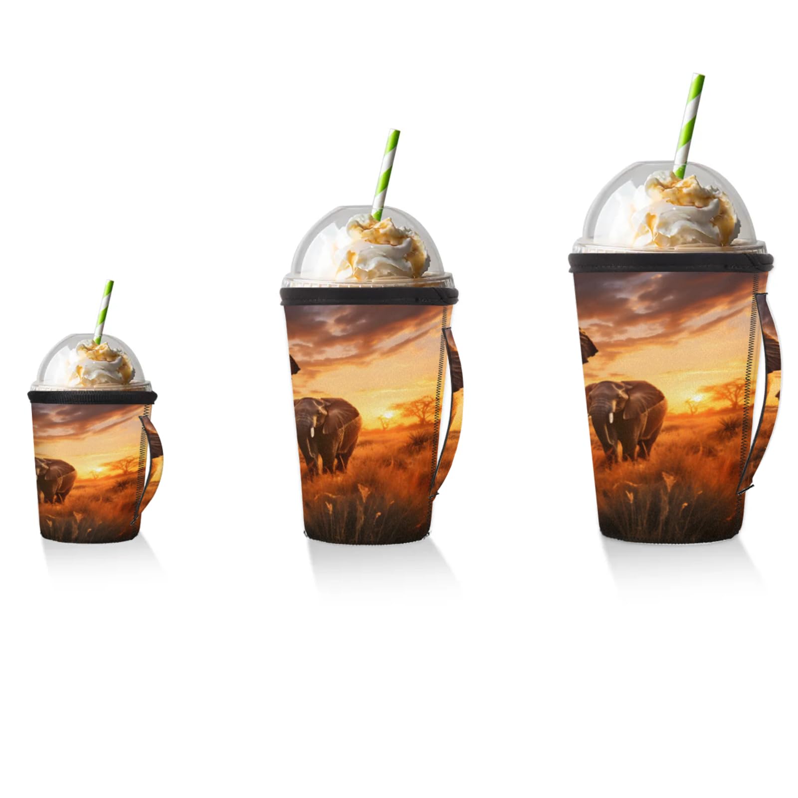 Calendar Walking Elephants Reusable Neoprene Coffee Sleeve with Handle Insulated Iced Coffee Cup Holder Reduces Condensation Fits 24-28 oz Cups M