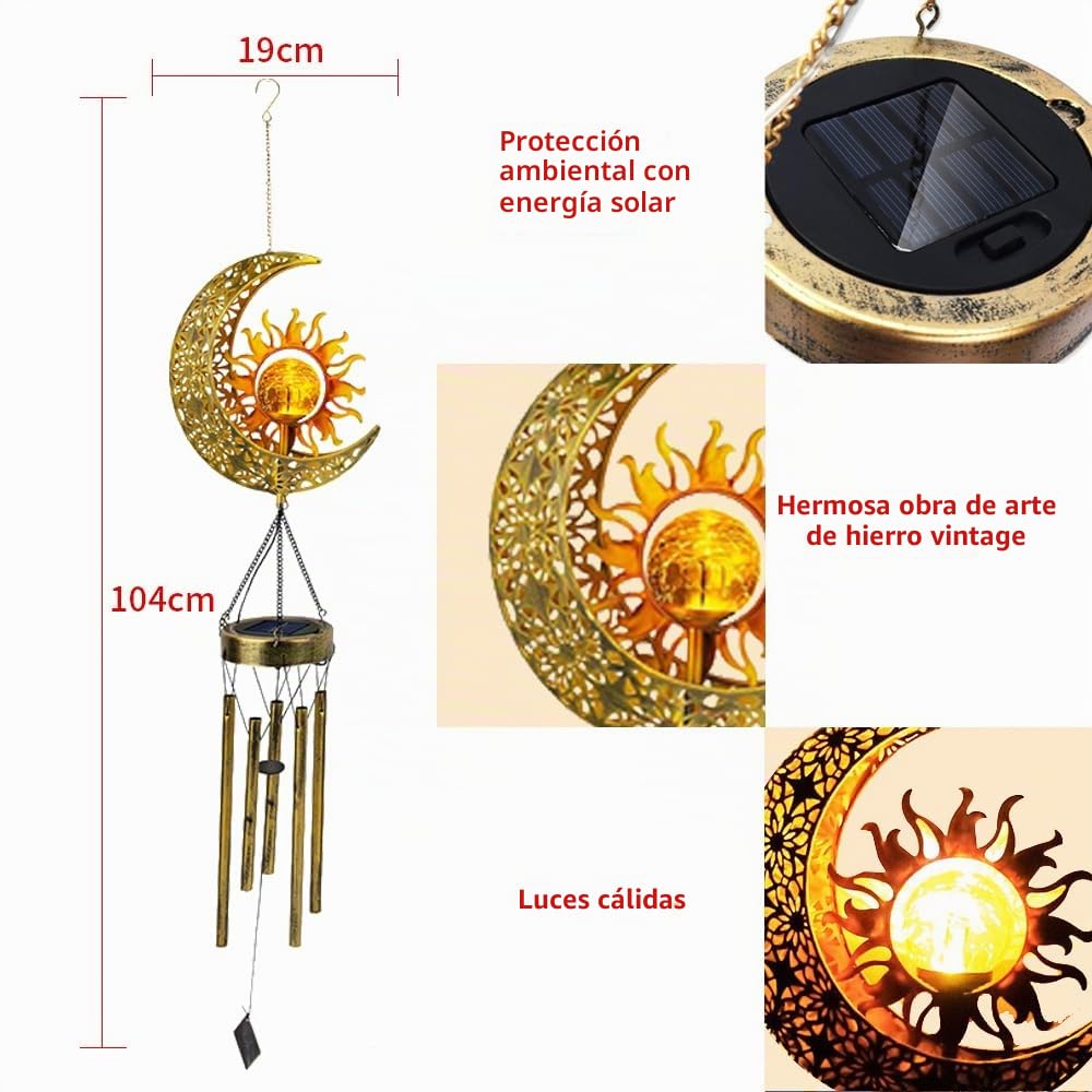 Bonita Campana de Viento Solar con luz Solar y Lunas, luz Decorativa de Hierro para Sol y Lunas, una luz LED portátil para Exteriores, Regalo para Amigos.