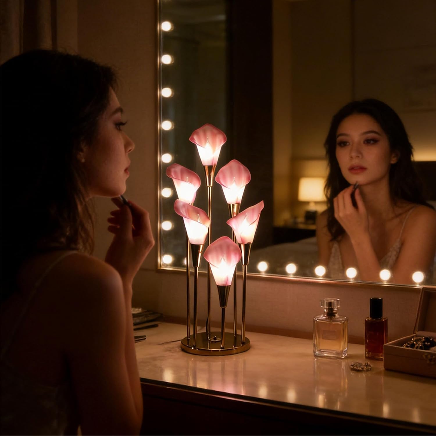 Calla Lily Lamp, Vintage Flower Lamp, Vintage 60s 70s Regency Pink Calla Lily 6-Bulb Brass Table Lamp, Mid-Century Retro Floral Desk Lamp, Boho Feminine Ambient Lighting Decor for Nightstand Gift