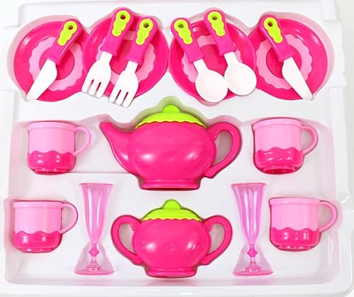 Miniatura 6 de Juego de té rosa de lujo para niños con teteras, vasos, platos y utensilios de cocina para juegos de simulación (18 piezas) Juego de té para niños,