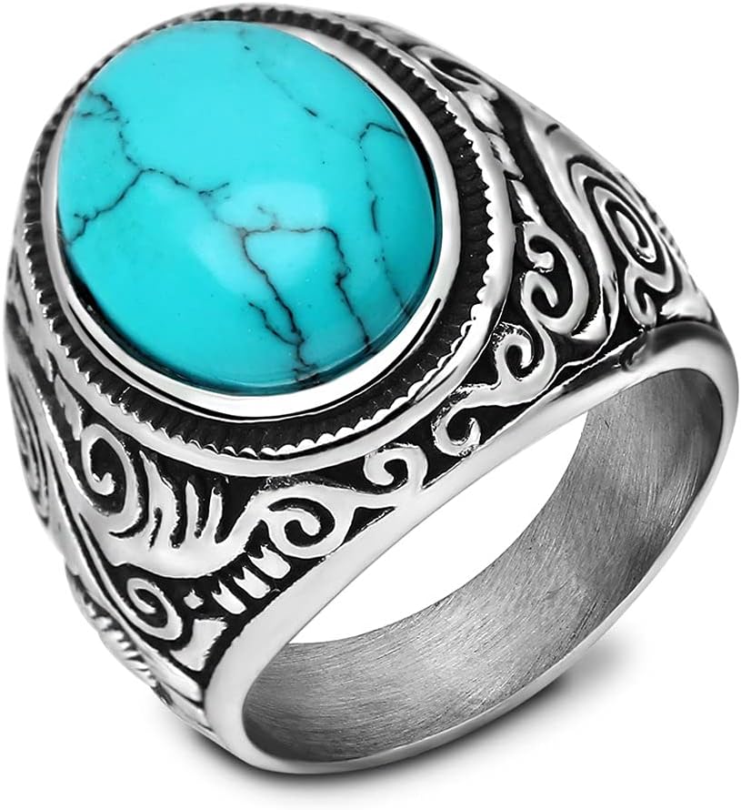 VQYSKORetro Turquoise Ring for Men and Women | Stainless Steel Oval Turquoise Ring for Men and Women | Ideal Gift for Dad Boyfriend Blue/Black/Brown/White Color for Choice