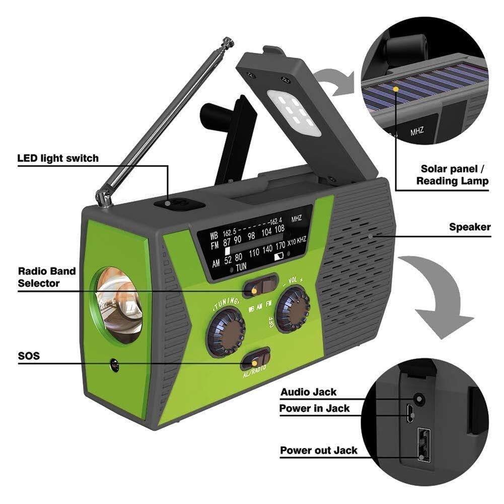 Radio awaryjne, przenośny powerbank 2000 mAh z korbką ręczną, solarnym radiem pogodowym, latarką LED i lampką do czytania, alarm SOS do biwakowania i przetrwania w domu, zielony