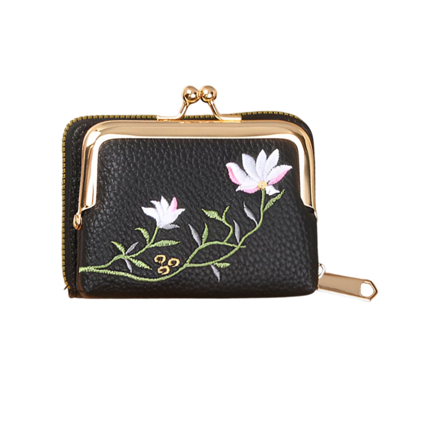 Women Embroidered Floral Wallet – Compact Zip Coin Purse with Kiss-Lock Clasp & Dual Compartments(Black)-image-39