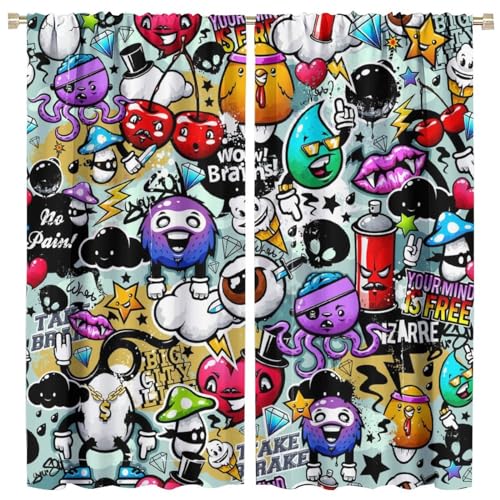 Yoakiet Colorful Graffiti Curtains, Modern Abstract Art Fun Creative Street Graffiti Style Prints Blackout Rod Pocket Window Treatments Drapes for Teenage Boys Bedroom Living Room Kitchen42x45in