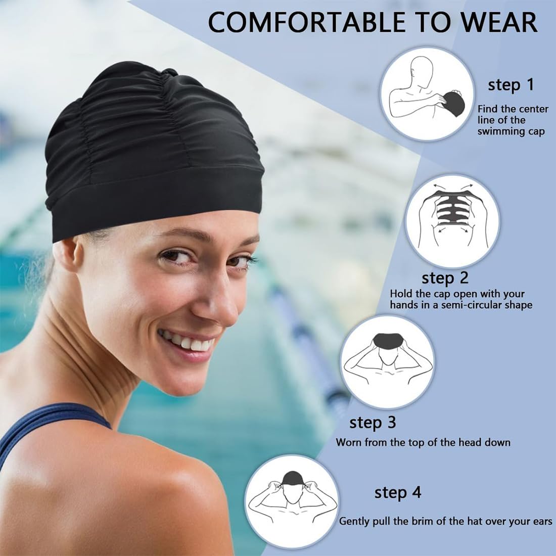 Bonnet de Bain Élastique en Tissu Polyester pour Cheveux Longs