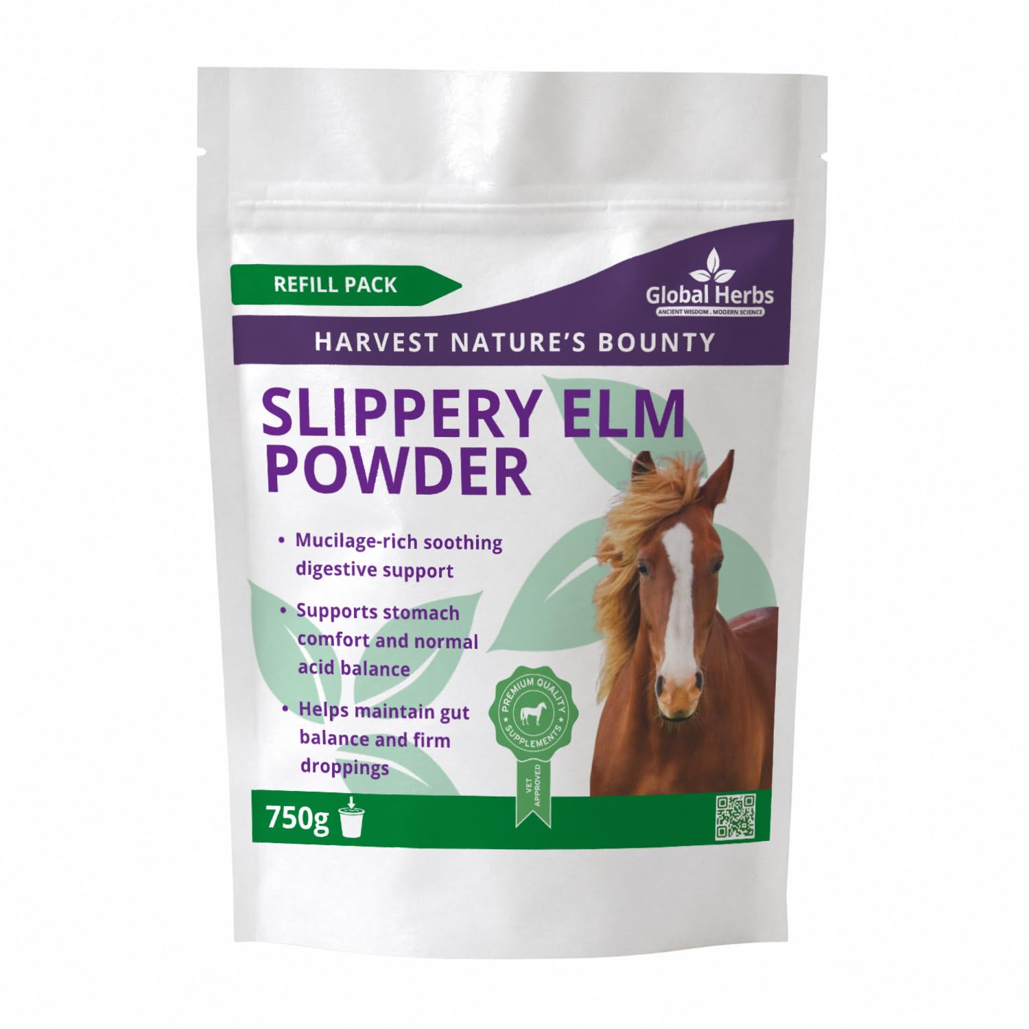 Global Herbs Slippery Elm Powder Equine Gastric & Digestive Soothing Support 750g Refill Pouch