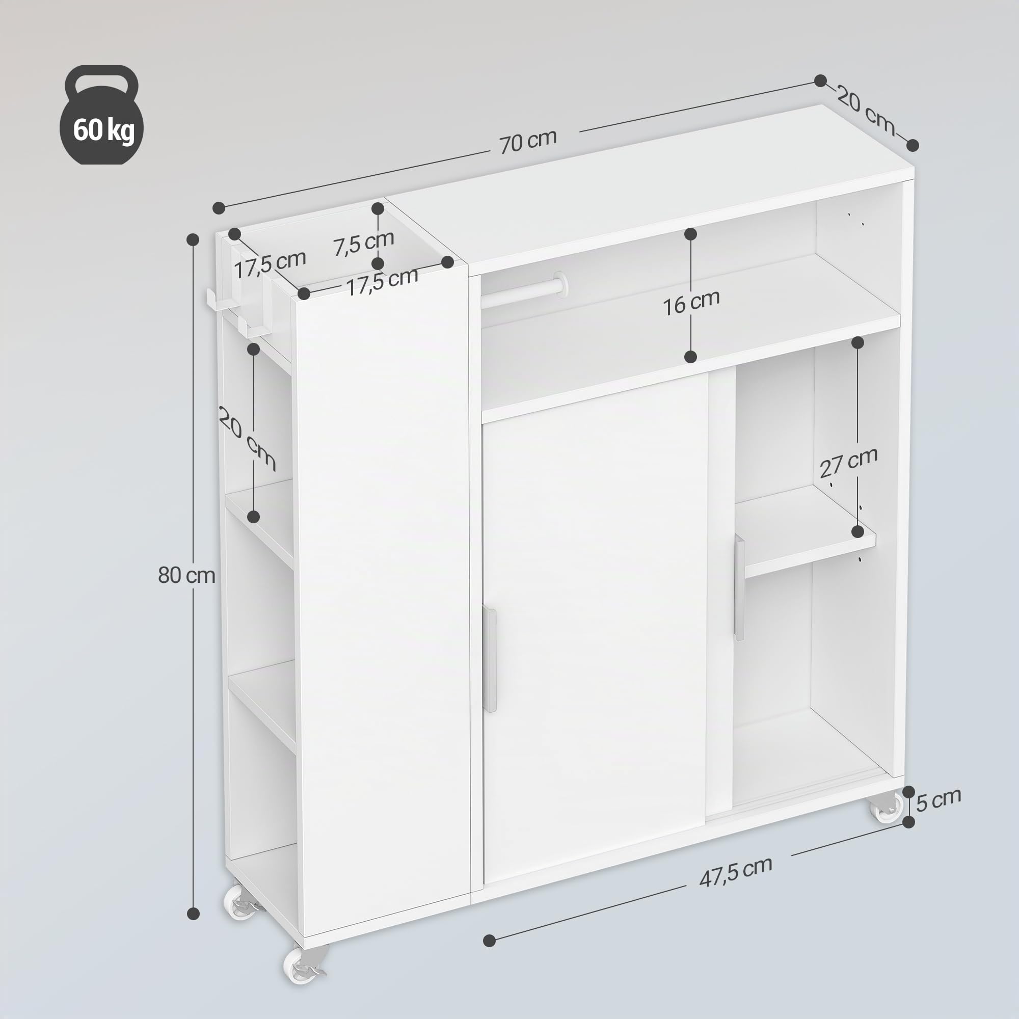 Hzuaneri Mueble de Baño on Ruedas, Estrecho, Mueble Empotrado con Puertas Correderas, Portarrollos, Estantes Ajustables, para Baño, Salón y Cocina, 20 x 70 x 80 cm, Blanco BC66603X