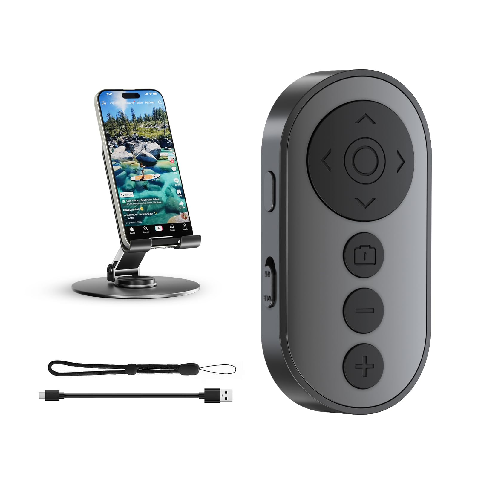 Bluetooth Camera Remote Shutter with Zoom and Camera Switch for Photo and Vlogging, Cellphone Remote Clicker for iOS & Android Smartphone, Wireless Video Scrolling with Metal Phone Stand for Tiktok