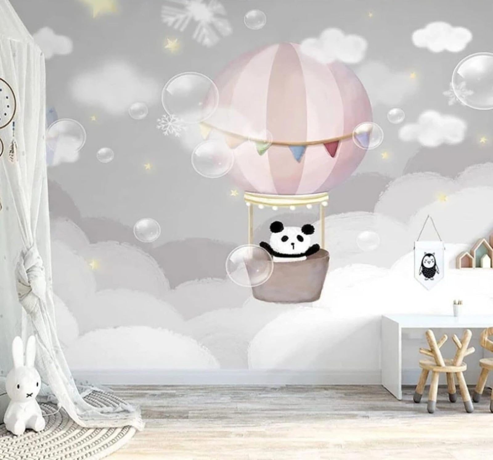 Xlming 430Cm×300Cm(B×H) Hand Drawn Hot Air Balloon Clouds Cartoon Panda 3D Wallpaper Luxury Silk Study Dining Feature Sofa Grey Bedroom Living Room Tv Decorative Wall-430Cm×300Cm