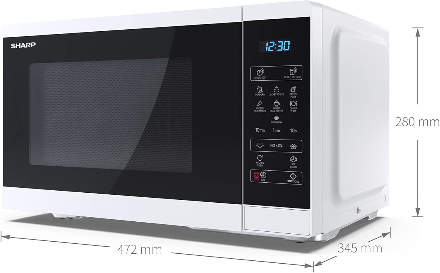 Sharp YC-MS252AE-W microwave oven with dimensions