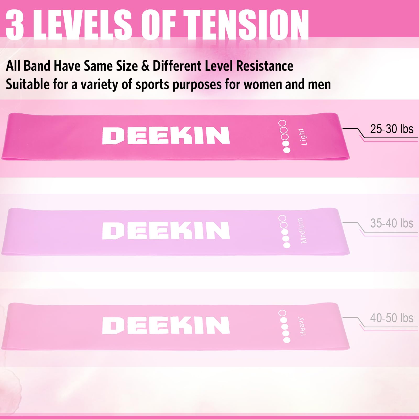 DEEKIN Lot de 20 bandes de résistance élastiques pour homme et femme - Pour fitness, gym, yoga - Rose clair
