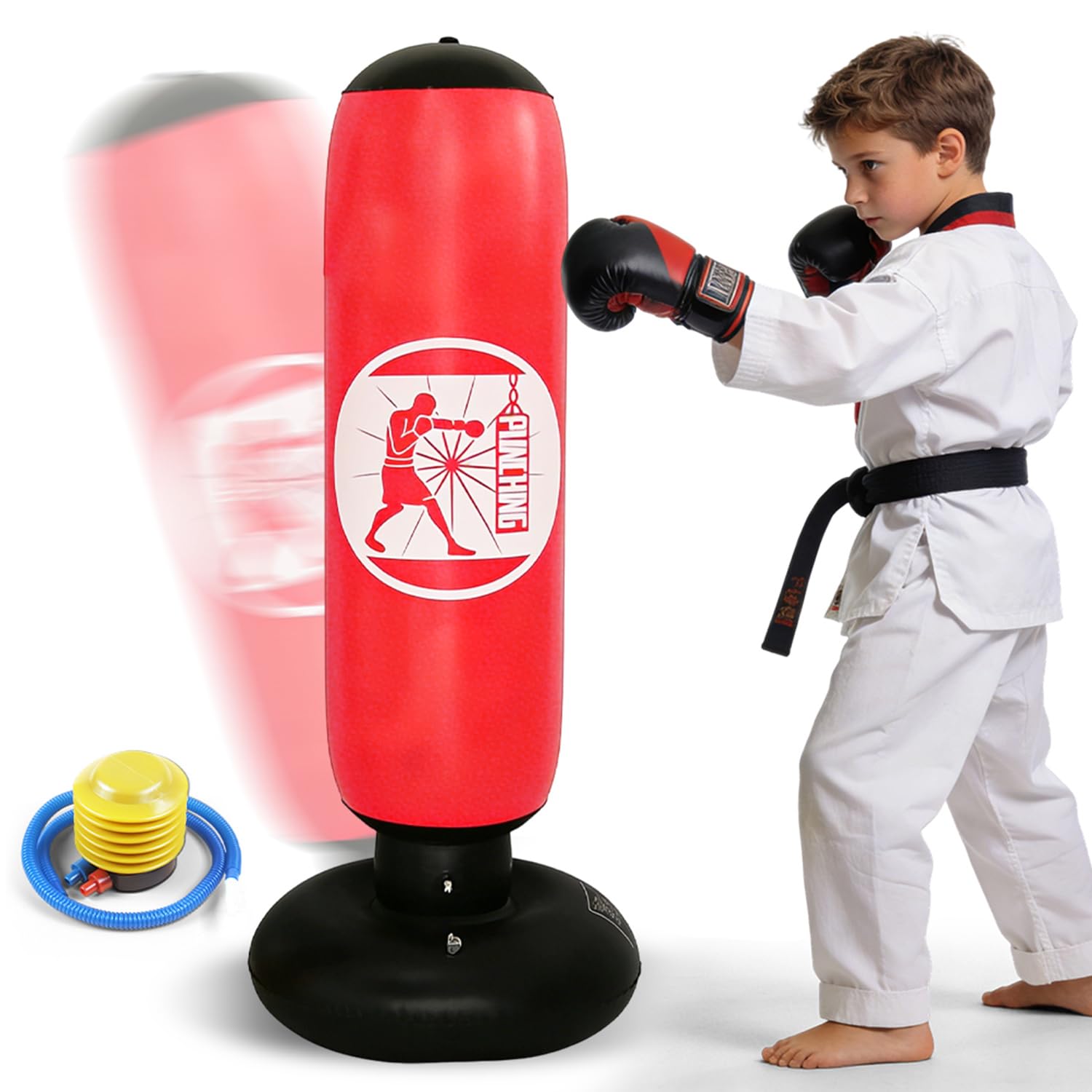 Boxsack für Kinder von 6–12 Jahren, 160cm Aufblasbarer Standboxsack mit Luftpumpe, Boxsack Stehend für Jungen und Mädchen ab 6 Jahren für Jungen und Mädchen Üben von Karate, Taekwondo, MMA