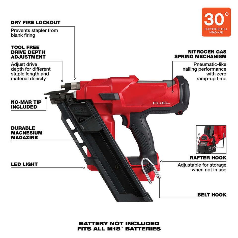 Framing Nailer for Milwaukee 2745-20 M18 FUEL 30-Degree Cordless Framing Nailer, Bare Tool