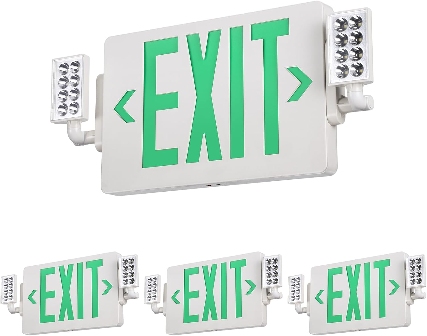 TORCHSTAR LED Exit Sign with Emergency Lights, Two Adjustable Heads, Green Letter Exit Light with Battery Backup, UL&FCC Listed, Double-Sided, AC 120-277V, Wall & Ceiling Mount, White, Pack of 4