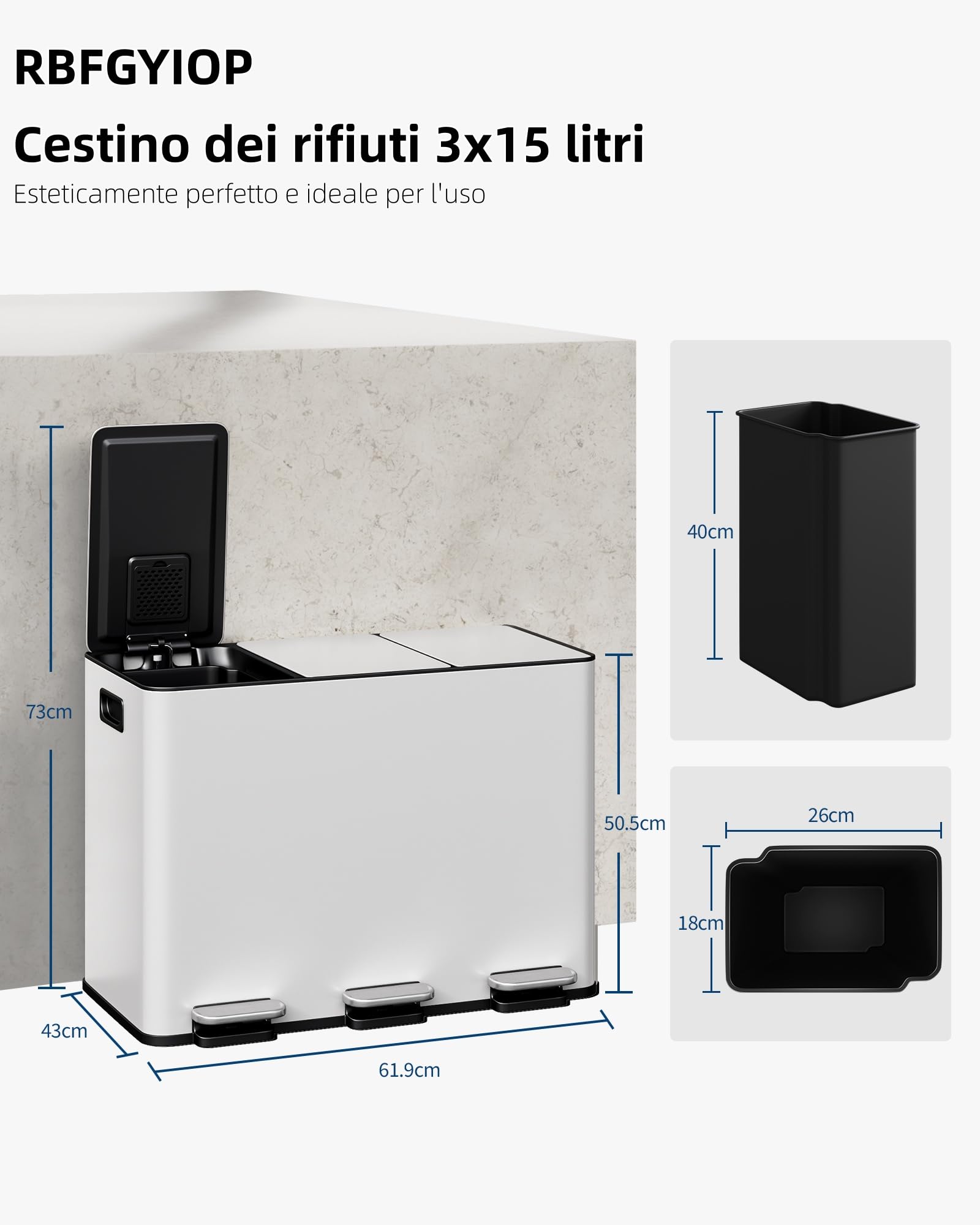 Cubo de basura 3 x 15 l de metal con pedal para recogida selectiva, uso doméstico, uso comercial, cestas separadas, recogida selectiva eficiente, diseño ahorra espacio