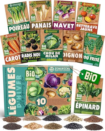 ZenGreens® - Kit de graines de légumes d'hiver bio - 10 variétés pour une culture facile dans le jardin, sur le balcon ou dans une jardinière surélevée - Semences légumes