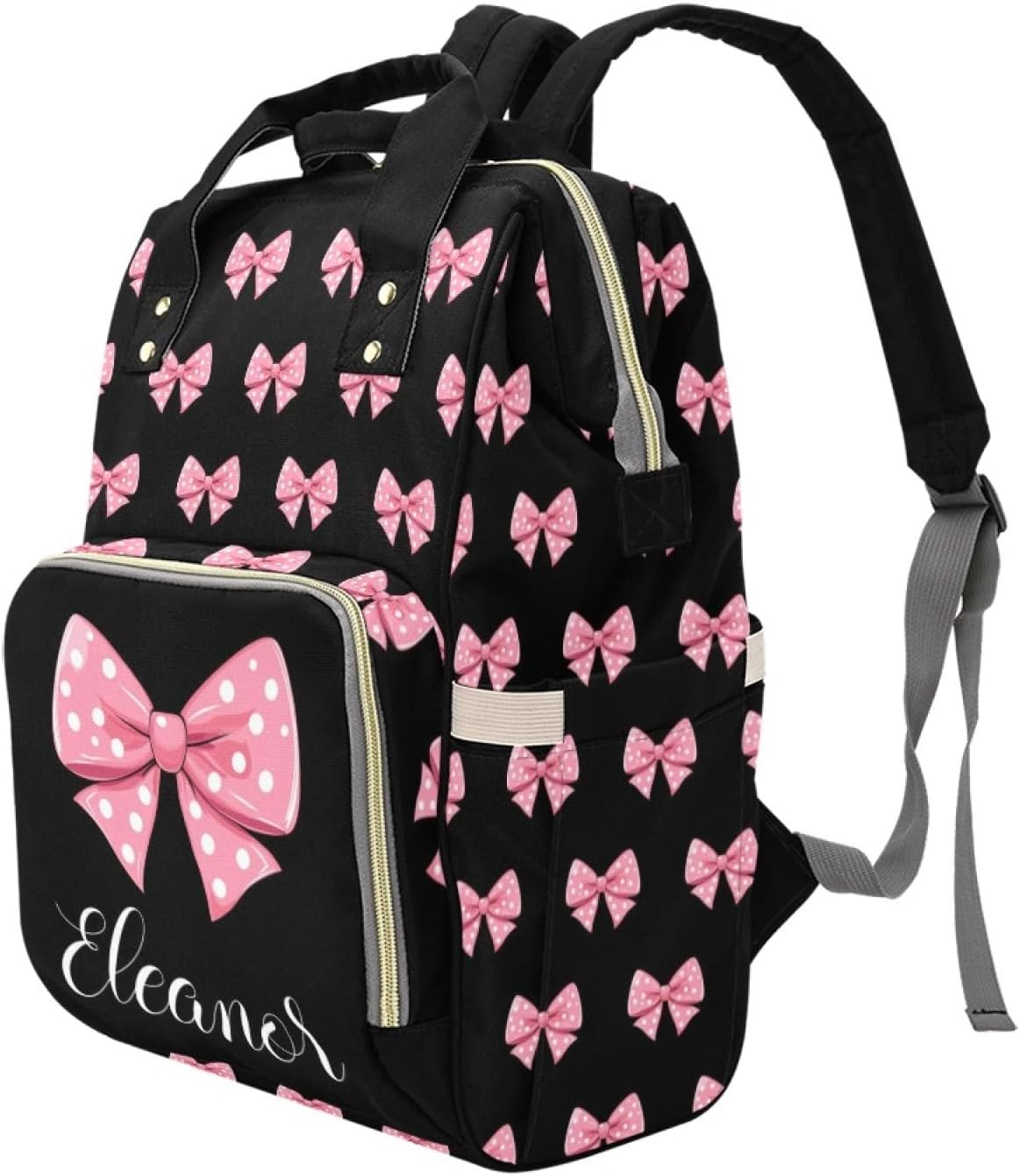 Personalized Bow Diaper Bag Backpack with Name, Customized Nappy Backpack for Baby Girls, Multi-function Mommy Backpacks for Travel Outdoor Nursing