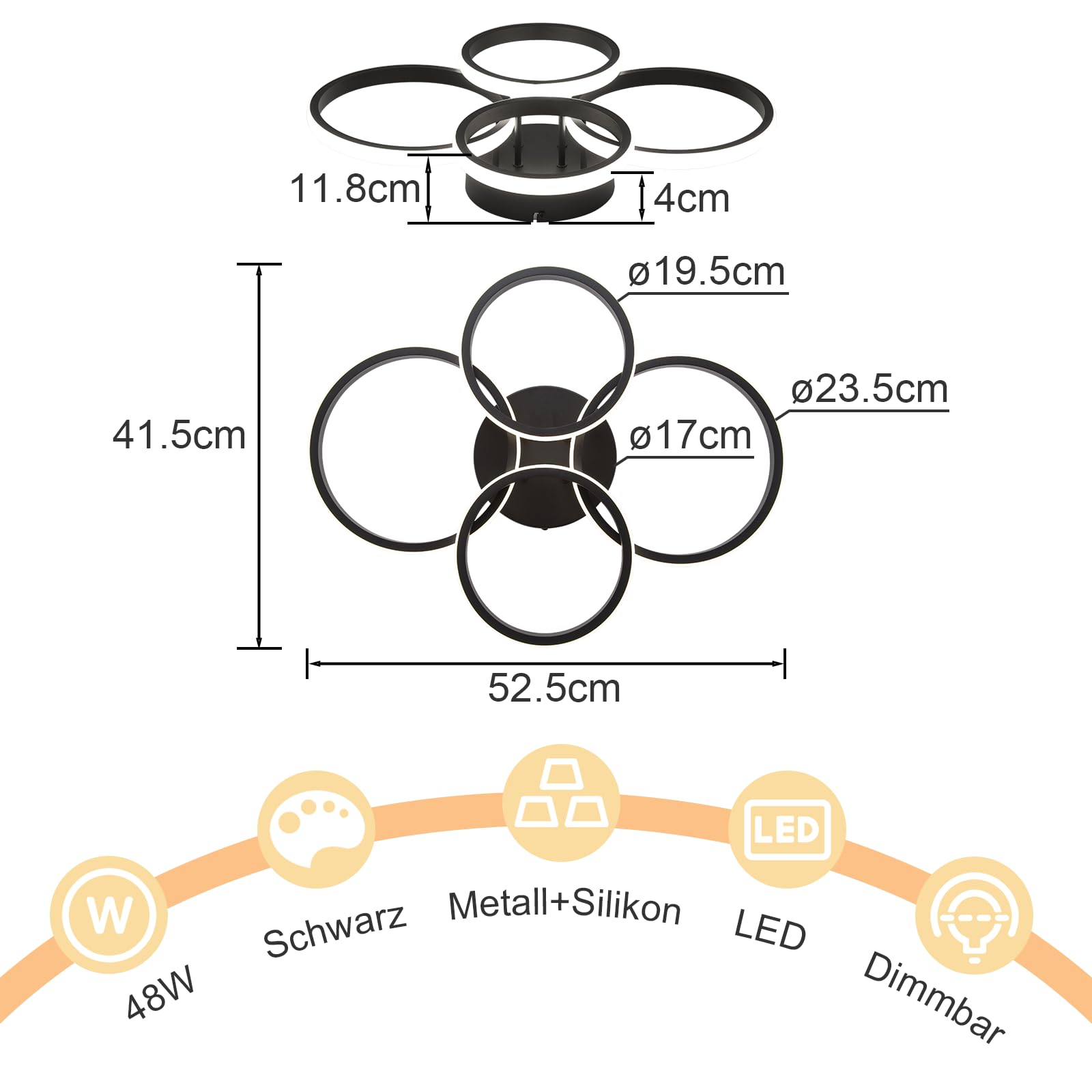 GBLY LED Deckenlampe Wohnzimmer: Deckenleuchte 55cm Küche Dimmbar Modern | Schwarz 48W Schlafzimmerlampe 4 Ring Design Deckenlampe Flur Büro Schlafzimmer Lampe mit Fernbedienung