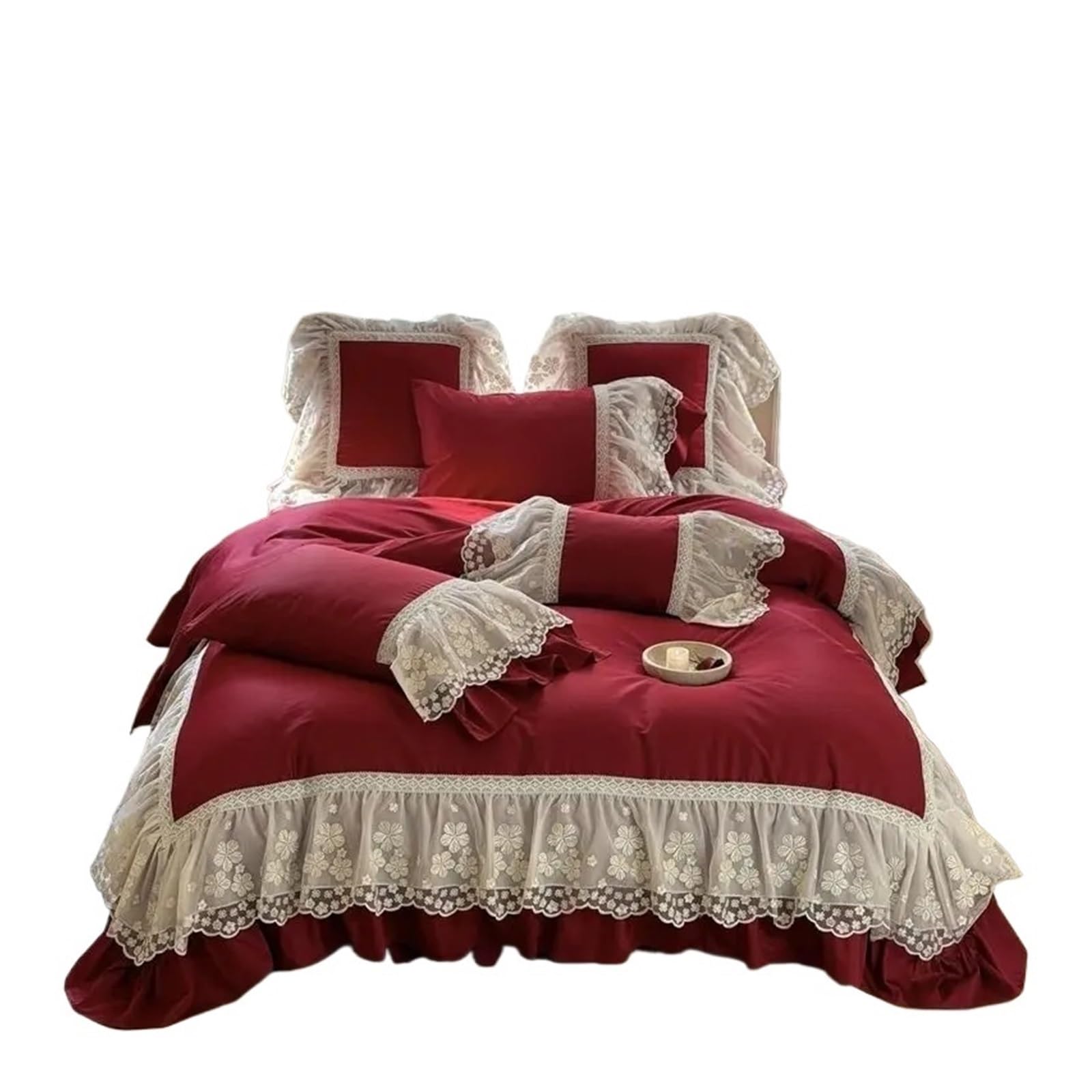 GCYEIDMA Ruffle Duvet Cover Cotton Lace Ruffles Wedding Style Bedding Set Duvet Cover Flat/Fitted Bed Sheet Pillowcases 4Pcs(Color 2,FITTED BED SHEET_KING 220X240CM 4PCS)