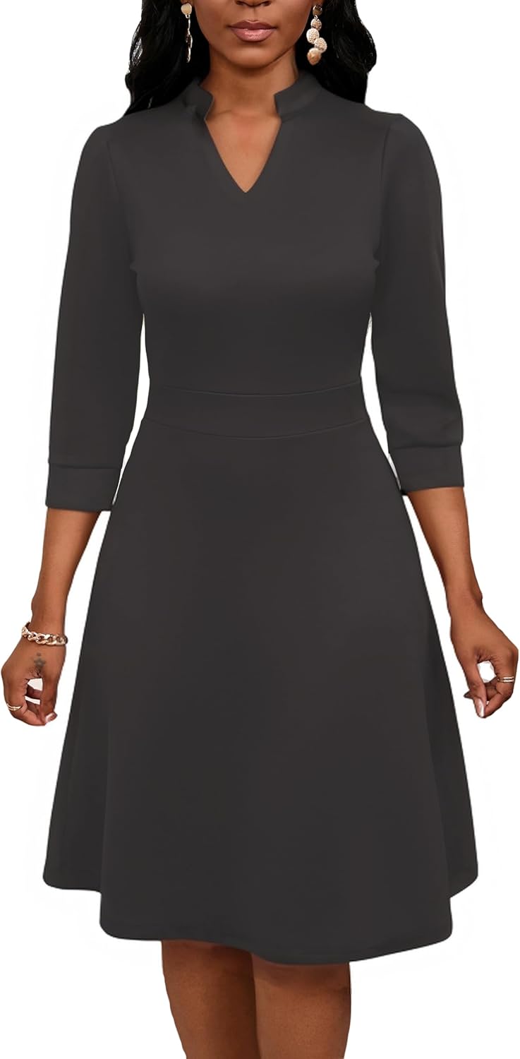 Women's Casual Wrap Midi Dress A-Line Swing V-Neck 3/4 Sleeve Flared Dress for Wedding Guest Cocktail Party Medium Grey