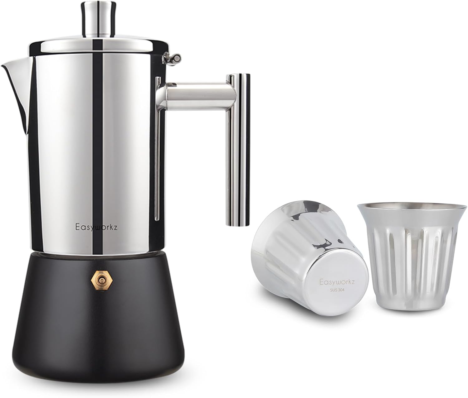 Easyworkz Stainless Steel Double-Wall Espresso Cups 5 oz Set of 2, Vertical Stripe Design, Chrome, Bundled with Diego Stovetop Espresso Maker Stainless Steel 12Cup 17.5 oz Induction Moka Pot