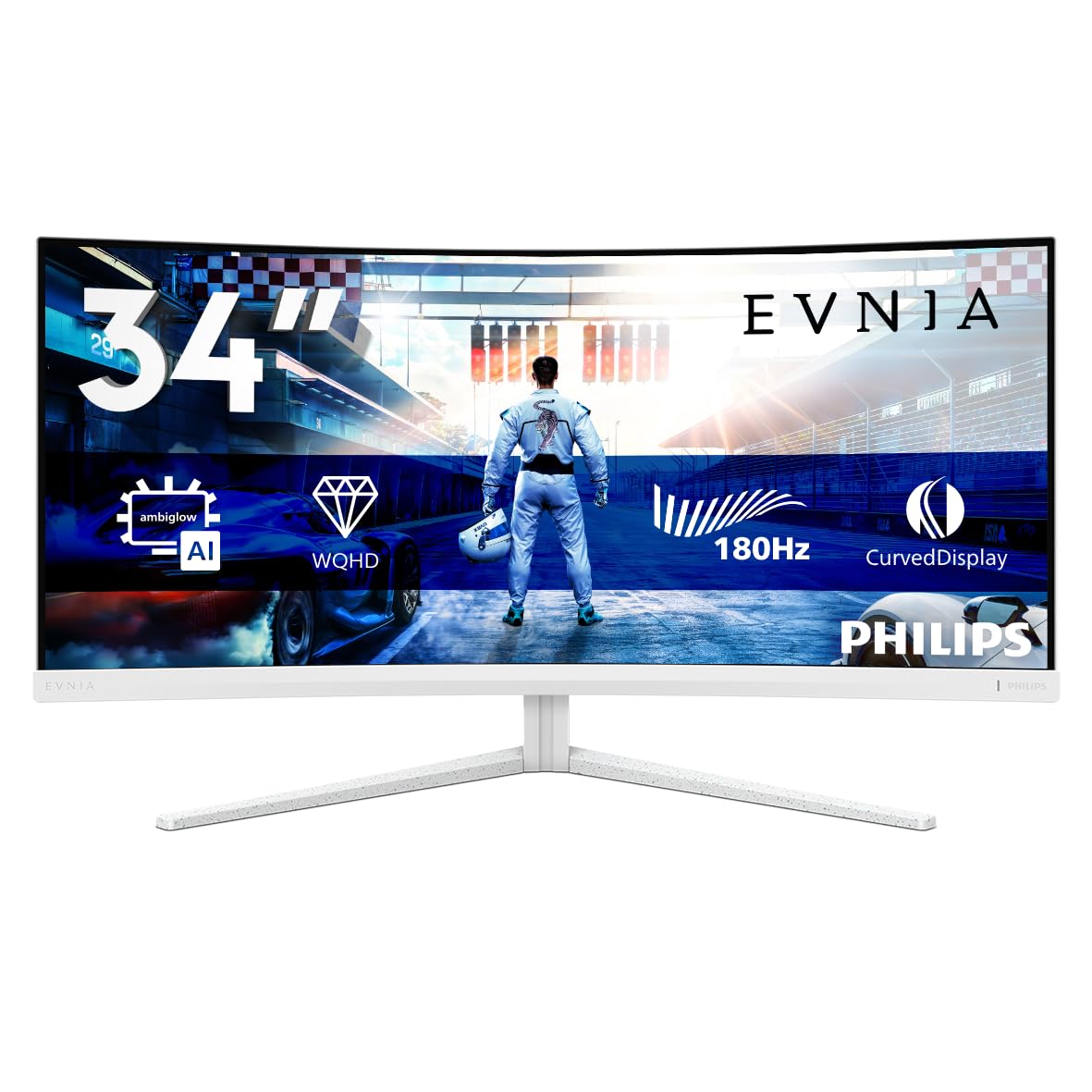 Philips Evnia 34M2C5501A - 34" WQHD zakrzywiony monitor do gier, 180 Hz, 1 ms, FreeSync Premium, Ambiglow (3440 x 1440, 2 x HDMI 2.0, 1 x DisplayPort 1.4, koncentrator USB), biały