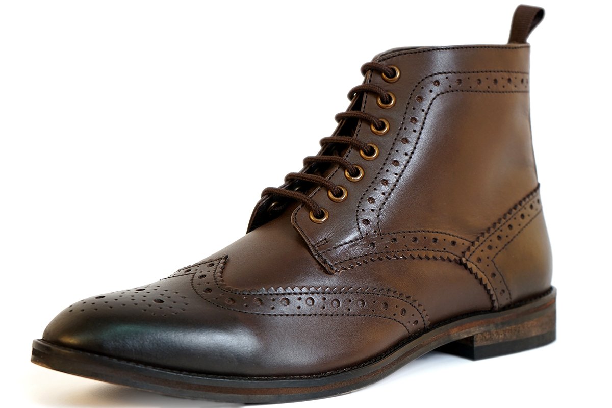 Mens Classic Leather Lace-up Brogues Ankle Boots, Tan Burnish, Black and Brown