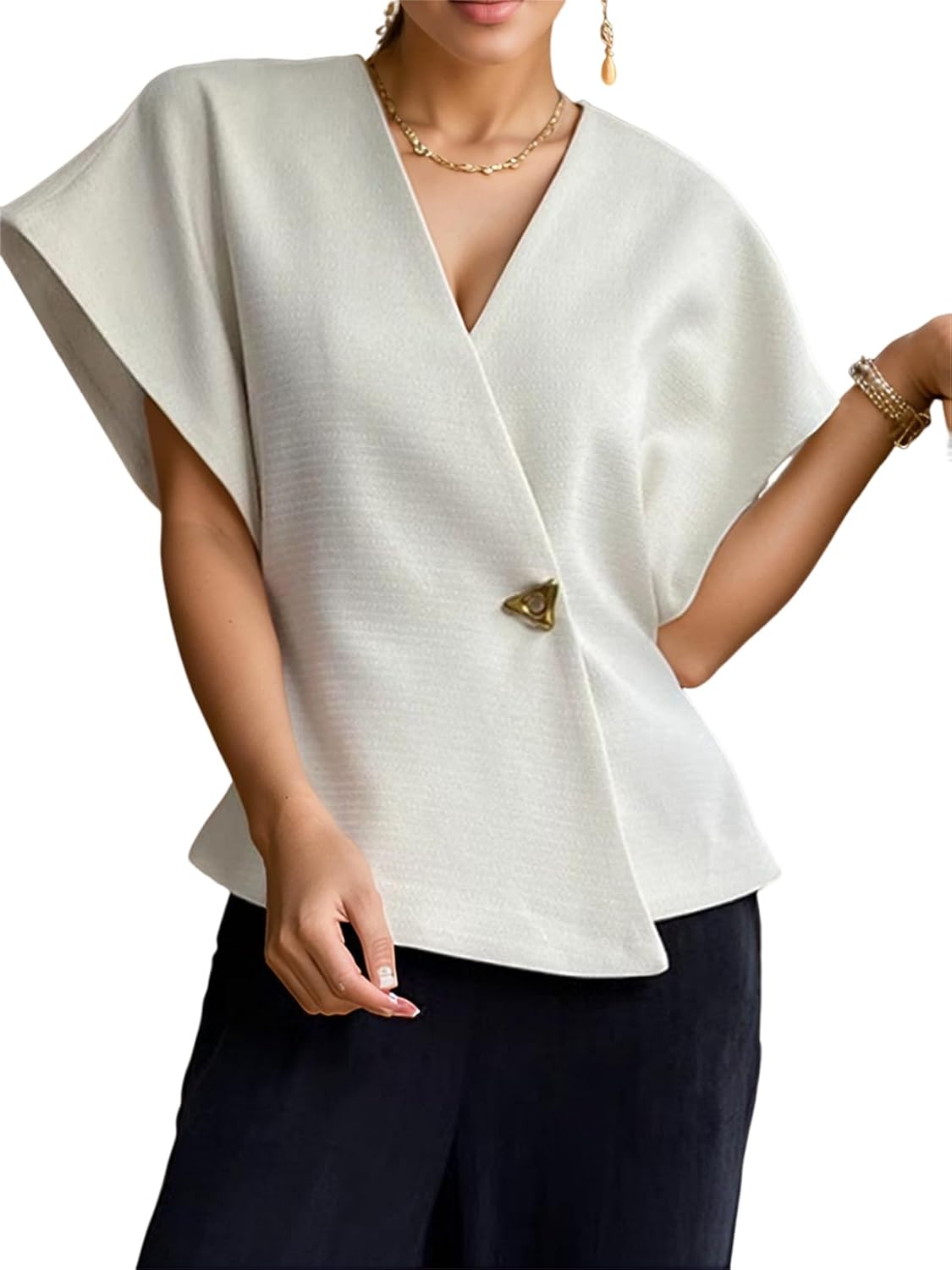 Womens Trendy V Neck Blazer Tops Elegant Dressy Waistcoat Chunky Single Button Cap Sleeve Causal Slim Fit Blouse