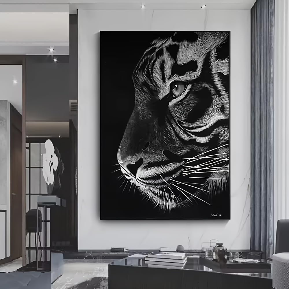 IHHGNB 1pc Canvas Poster, Black And White Tiger Portrait Painting, Canvas Wall Art, Artwork Wall Painting for Office Wall Decor(50x70cm(20x28in)/No frame)