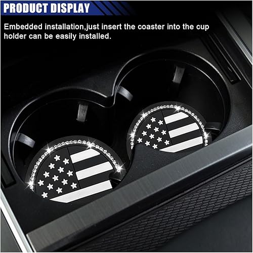 Miniatura 6 de 2 posavasos para automóvil, 2.74 pulgadas, diseño de bandera estadounidense, antideslizante, con diamantes de imitación de cristal, antiarañazos, a