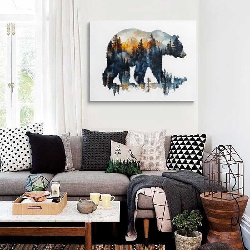Bear Silhouette Forest Landscape Canvas Wall Art Framed Print Watercolor Painting Nature Wildlife Wall Decor Artwork Poster Sunset Colors Mountain Tree for Living Room Bedroom Office 12x16 Inches - Image 4