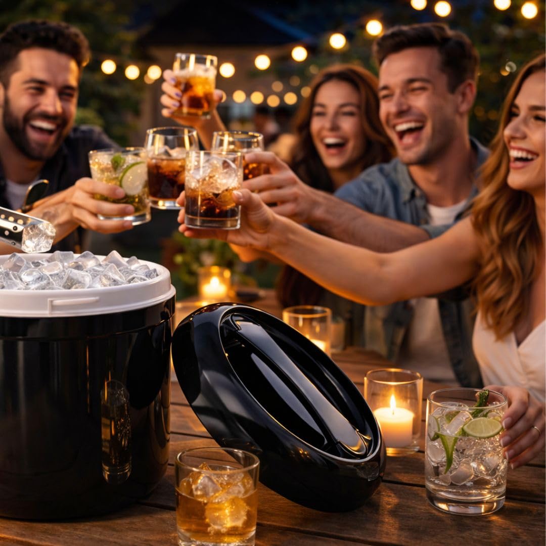 Eiswürfelbehälter 4 Liter mit Deckel – Doppelwandiger Eiskübel Schwarz inkl. gelochtem Einsatz – Isolierte 4 Liter Eisbox für Bar & Party – Robuster Ice Bucket & Eiskühler