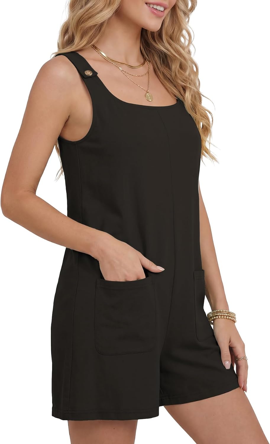 Vrtige Women's Square Neck Sleeveless Button Strap Casual Romper Jumpsuit with Pockets