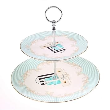 Jiji Double Layer Cake Holder Ceramic Fruit Plates Pastry Tray Porcelain Dessert Plate Bone China Accessories Tableware (Color : Blue)