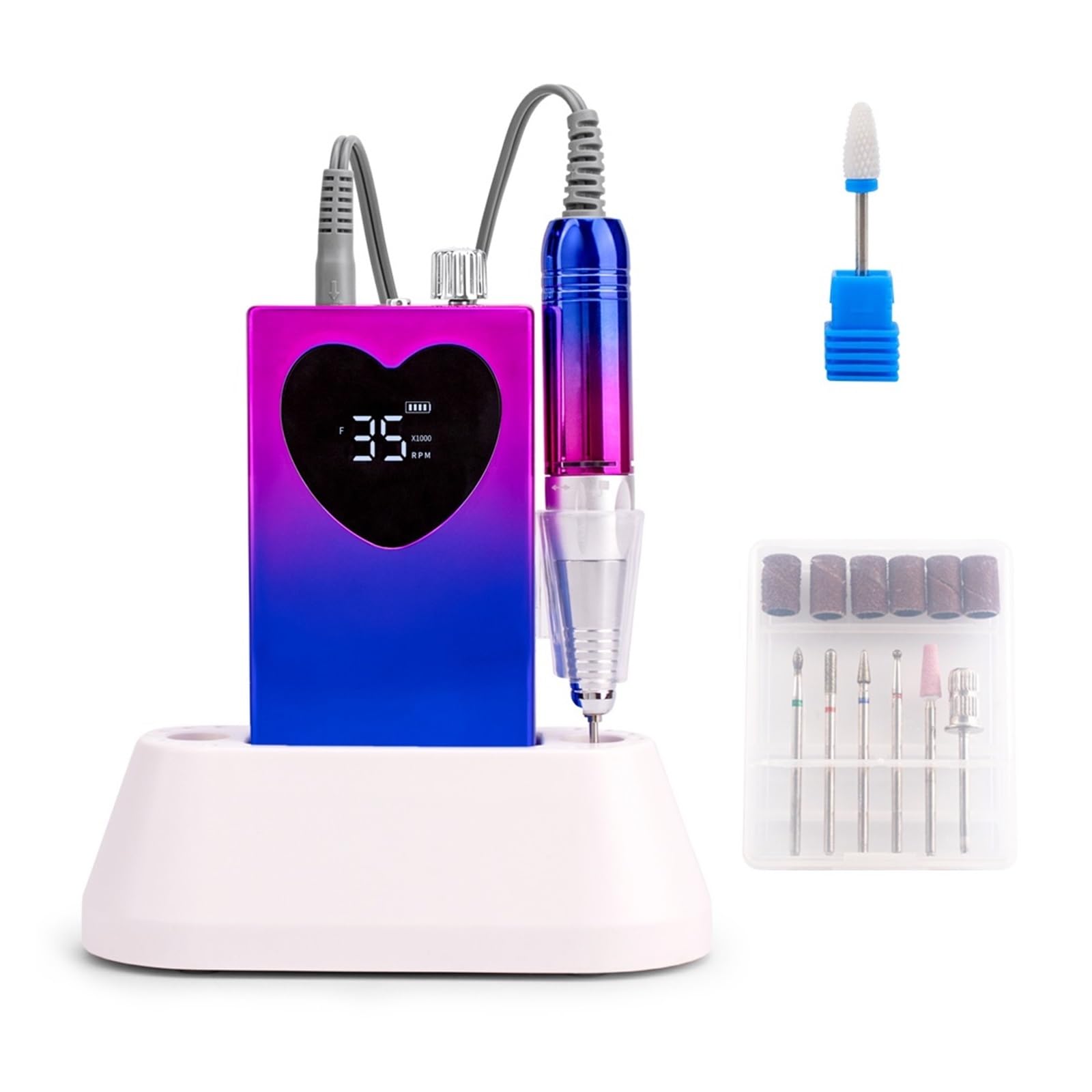 Torno para Uñas, Taladro de uñas portátil con pantalla Irregular de 35000RPM con Base de escritorio, máquina perforadora de batería inalámbrica, mango rosa, archivo inalámbrico(Blauw)