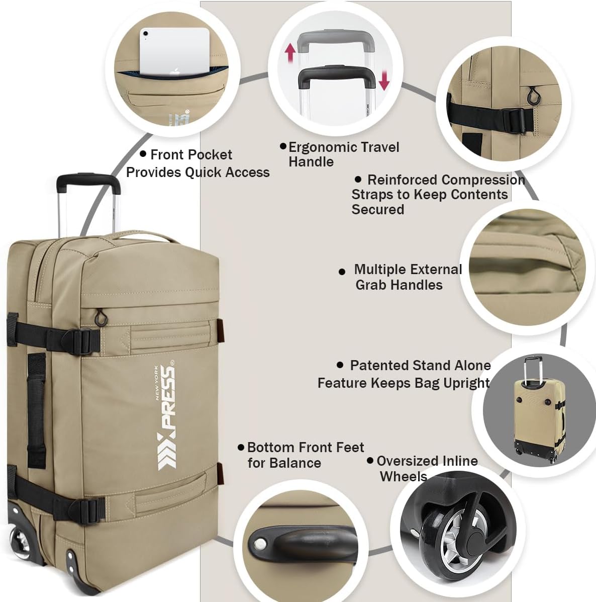 20''26''30'' Rolling Duffle Bag with Wheels w/Handle-3 Piece Luggage Set/Waterproof Travel Duffel Bags-2 Wheeled Duffel Bag-Duffle Bag for Man Women,Beige