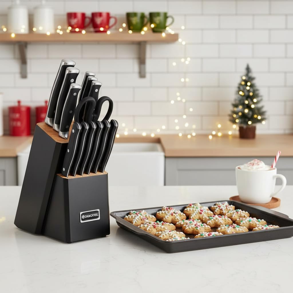 Black Knife Set, 15-Piece Knife Block Set with Built-in Sharpener Scissors for Kitchen, Dishwasher Safe Knives set Ideal Present for Family & Restaurant