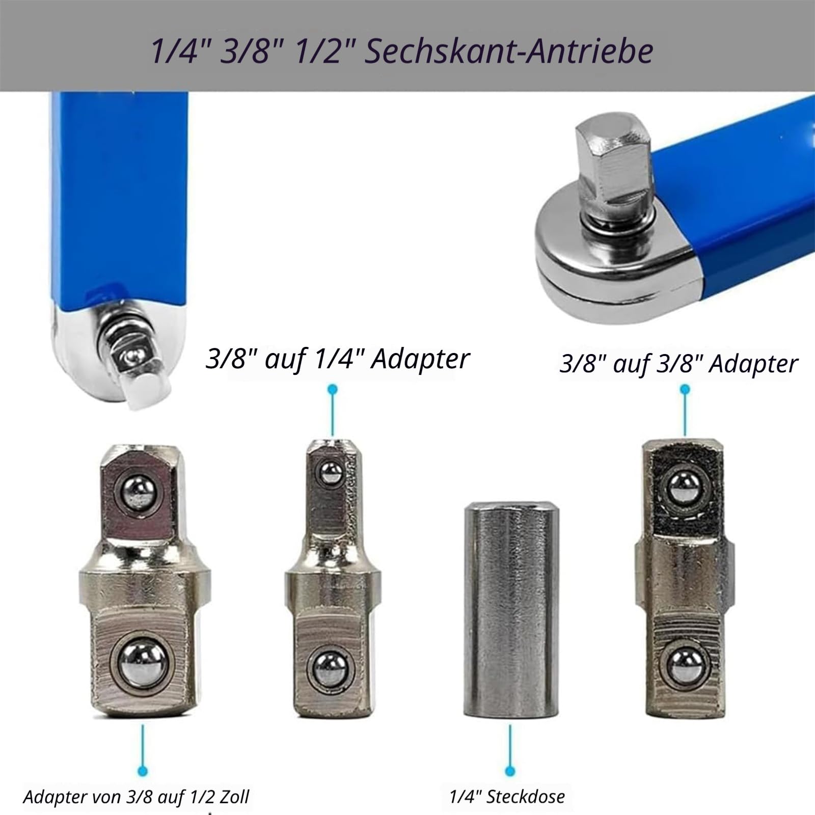 Schraubwerk Offset Schlüssel, Multifunktionaler Ratschenverlängerung, Offset Extension Wrench Mit 1/4 Zoll 3/8 Zoll 1/2 Zoll Adapter, Ideal Für Enge Räume, Kfz-Reparatur (Blau, 2pcs)