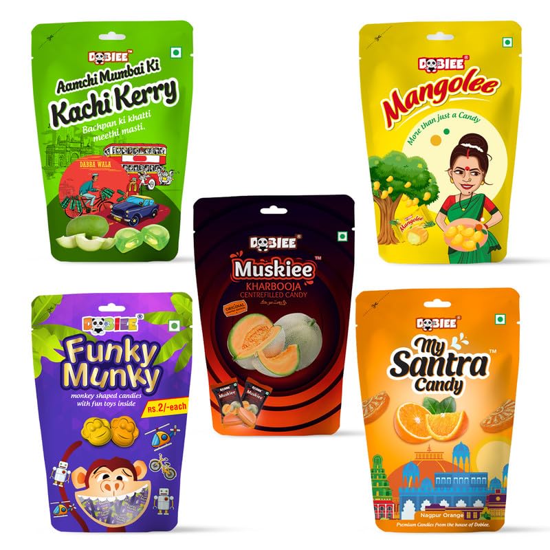 DOBIEE Multi Fruit Flavour Centre Filled Candies Combo of 5 Assorted Pack (Muskiee 50pcs, My Santra Candy 50pcs, Kachi Kerry 50pcs, Mangolee 50pcs, Funky Munky 50pcs)