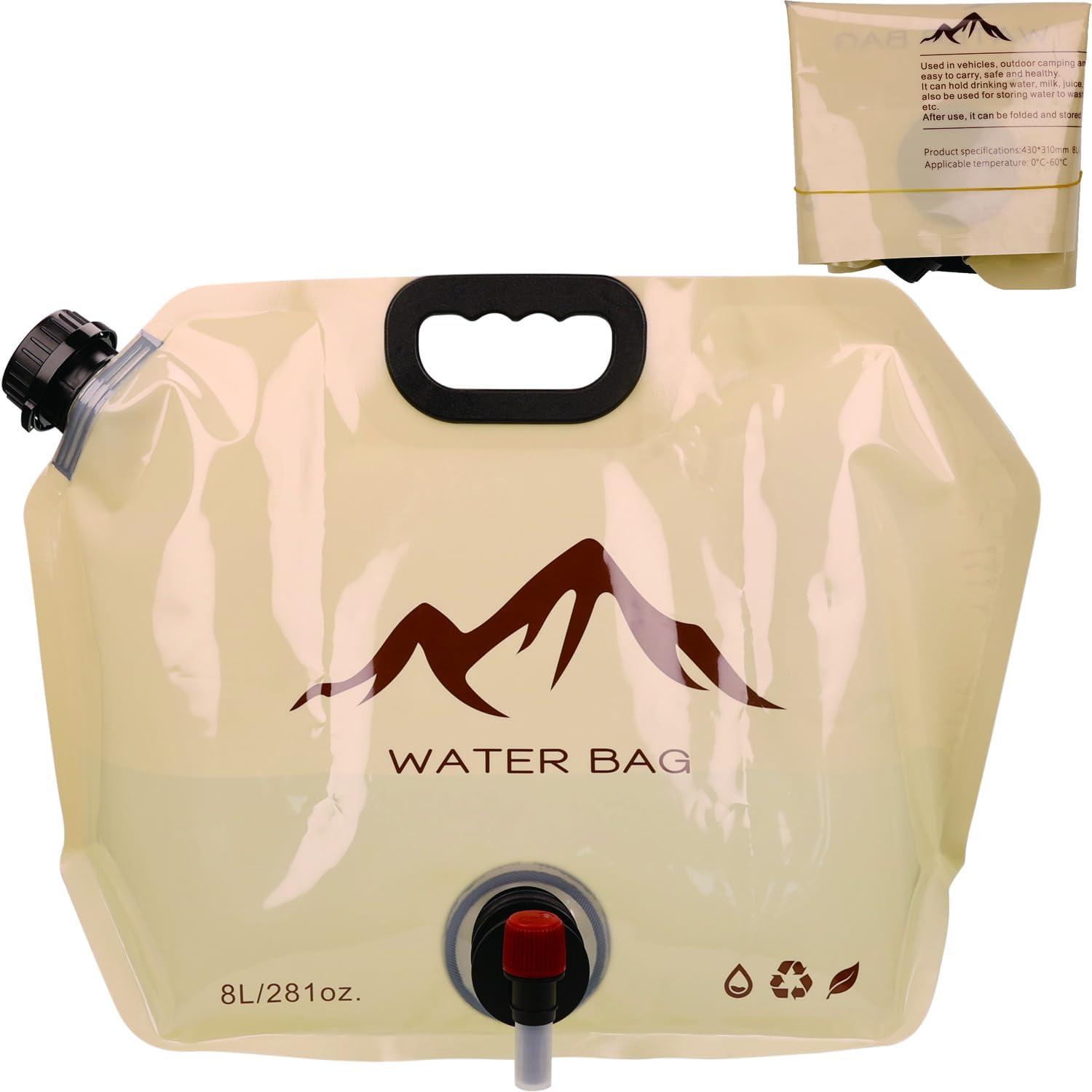 Outdoor Portable Folding Water Bag, 8L Collapsible Water Storage Bag with Adjustable Faucet, Large Capacity Camping Water Container Bag (Khaki)