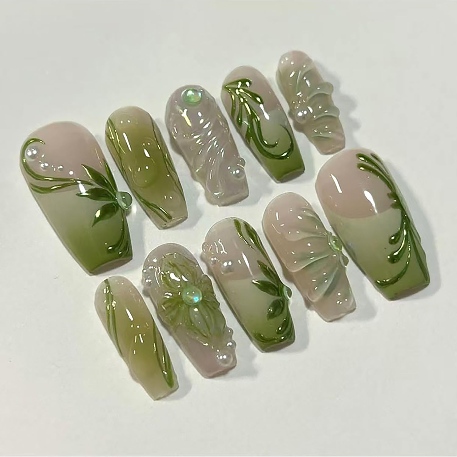 24Pcs French Tip Press on Nails Medium Square Fake Nails 3D Flower with Pearl Rhinestones Glitter Design Full cover Spring Green Nails Glue on Nails