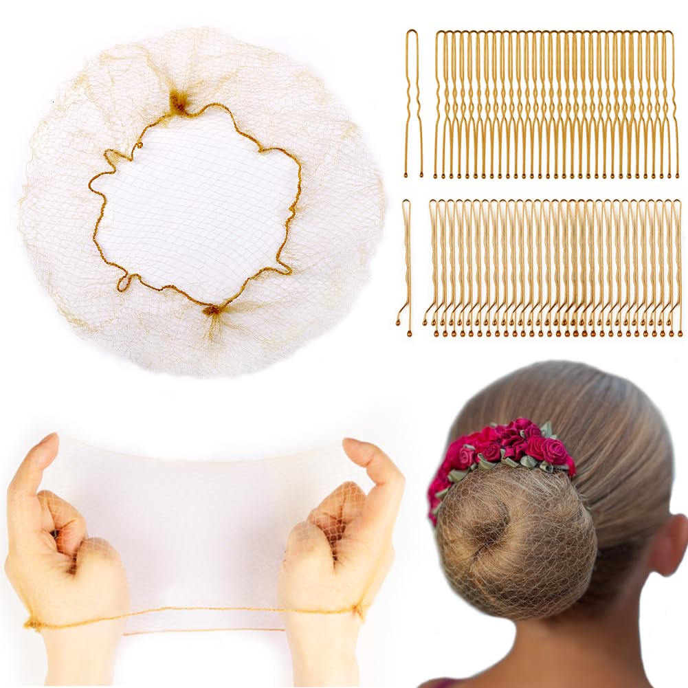 225PCS Hair Nets for Buns Invisible Hairnets for Dance Buns with Pins 20Pcs 12Inch Blonde Nets and 100Pcs Pins Ballet Bun Kit -Perfect for Dance & Secure Bun Covers for Kids, Blonde