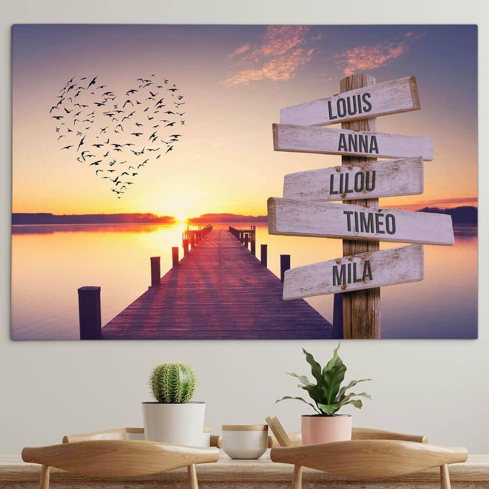 Lienzo personalizado con marco de madera, nombres de familia – Pontón & Puesta de Sol (40 x 30 cm)