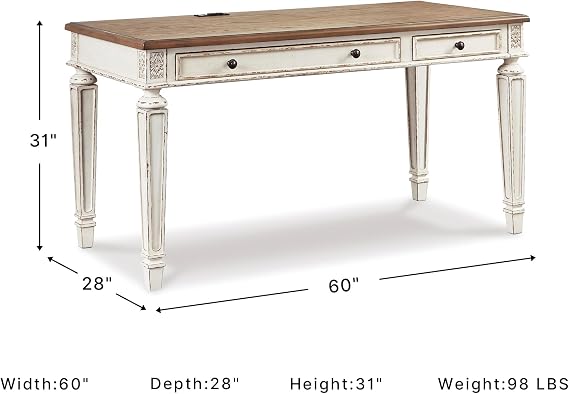 Signature Design by Ashley Realyn Farmhouse Home Office Desk, 2 Drawers, Drop-down Drawer, USB Charging, Wood, 60 W x 28 D x 31 H, Chipped White and Brown