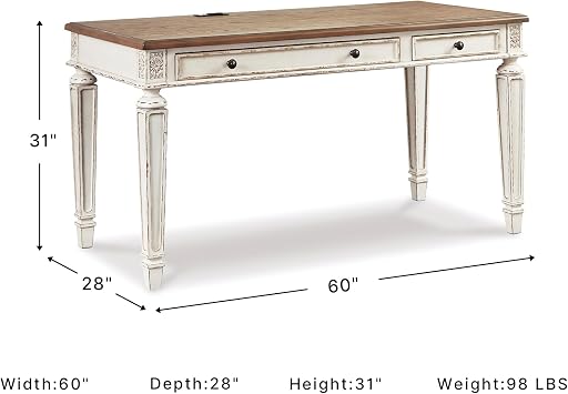 Signature Design by Ashley Realyn Farmhouse Home Office Desk, 2 Drawers, Drop-down Drawer, USB Charging, Wood, 60 W x 28 D x 31 H, Chipped White and Brown
